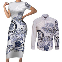Polynesian Manta Ray Couples Matching Short Sleeve Bodycon Dress and Long Sleeve Button Shirt Blue Floral Turtle Tattoo LT9 Blue - Polynesian Pride