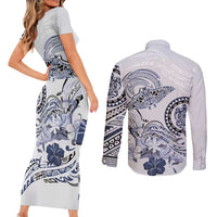 Polynesian Manta Ray Couples Matching Short Sleeve Bodycon Dress and Long Sleeve Button Shirt Blue Floral Turtle Tattoo LT9 - Polynesian Pride