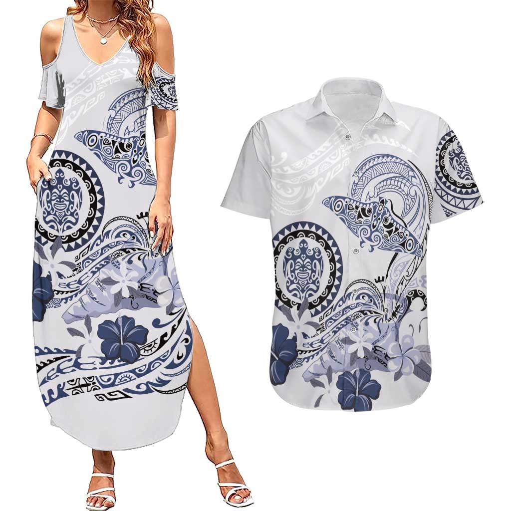 Polynesian Manta Ray Couples Matching Summer Maxi Dress and Hawaiian Shirt Blue Floral Turtle Tattoo LT9 Blue - Polynesian Pride