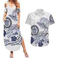 Polynesian Manta Ray Couples Matching Summer Maxi Dress and Hawaiian Shirt Blue Floral Turtle Tattoo LT9 Blue - Polynesian Pride