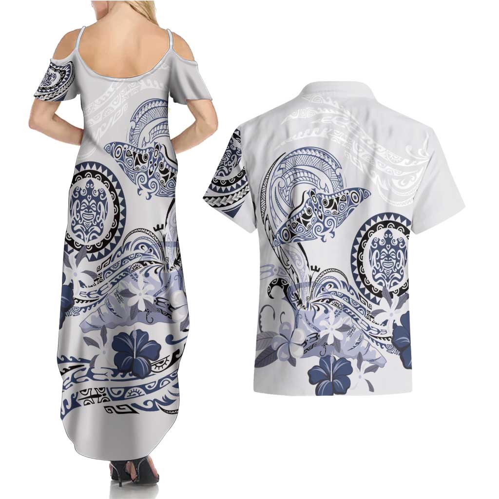 Polynesian Manta Ray Couples Matching Summer Maxi Dress and Hawaiian Shirt Blue Floral Turtle Tattoo LT9 - Polynesian Pride