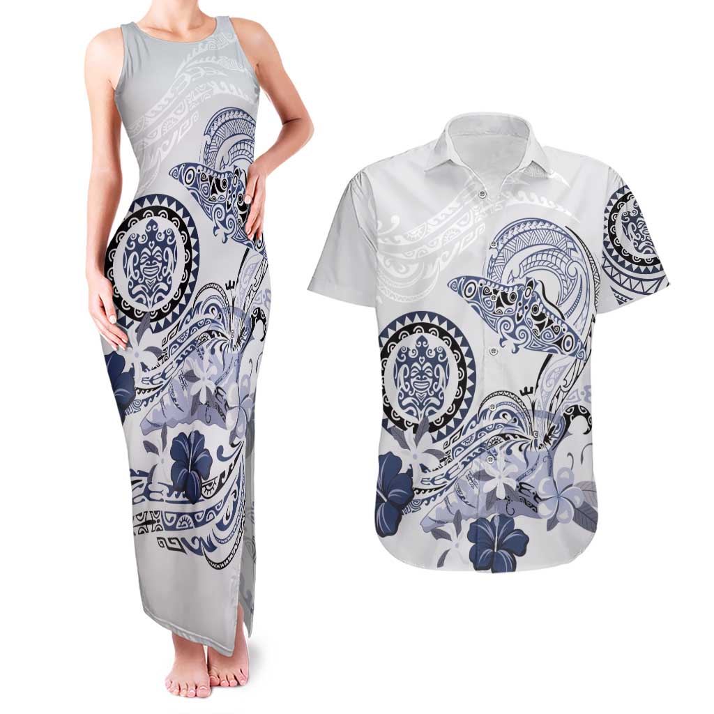 Polynesian Manta Ray Couples Matching Tank Maxi Dress and Hawaiian Shirt Blue Floral Turtle Tattoo LT9 Blue - Polynesian Pride