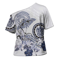 Polynesian Manta Ray Cross Shoulder Shirt Blue Floral Turtle Tattoo LT9 - Polynesian Pride