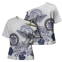 Polynesian Manta Ray Cross Shoulder Shirt Blue Floral Turtle Tattoo LT9 - Polynesian Pride
