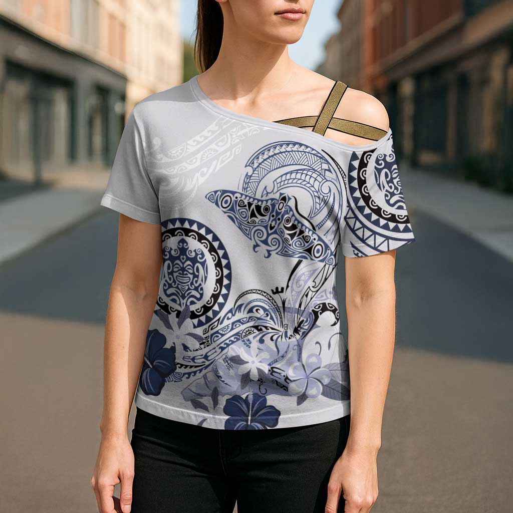 Polynesian Manta Ray Cross Shoulder Shirt Blue Floral Turtle Tattoo LT9 - Polynesian Pride