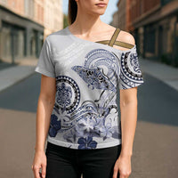 Polynesian Manta Ray Cross Shoulder Shirt Blue Floral Turtle Tattoo LT9 - Polynesian Pride