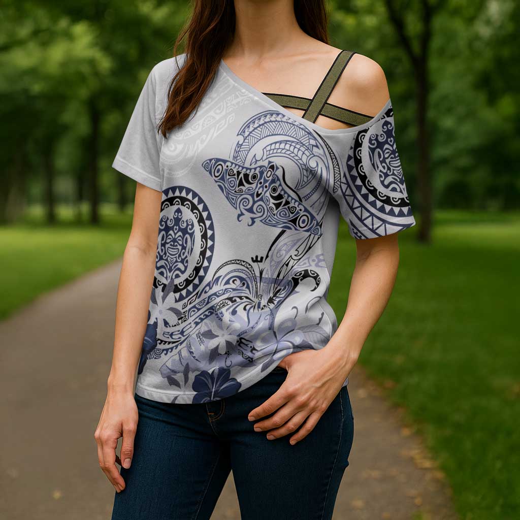 Polynesian Manta Ray Cross Shoulder Shirt Blue Floral Turtle Tattoo LT9 - Polynesian Pride