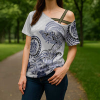 Polynesian Manta Ray Cross Shoulder Shirt Blue Floral Turtle Tattoo LT9 - Polynesian Pride