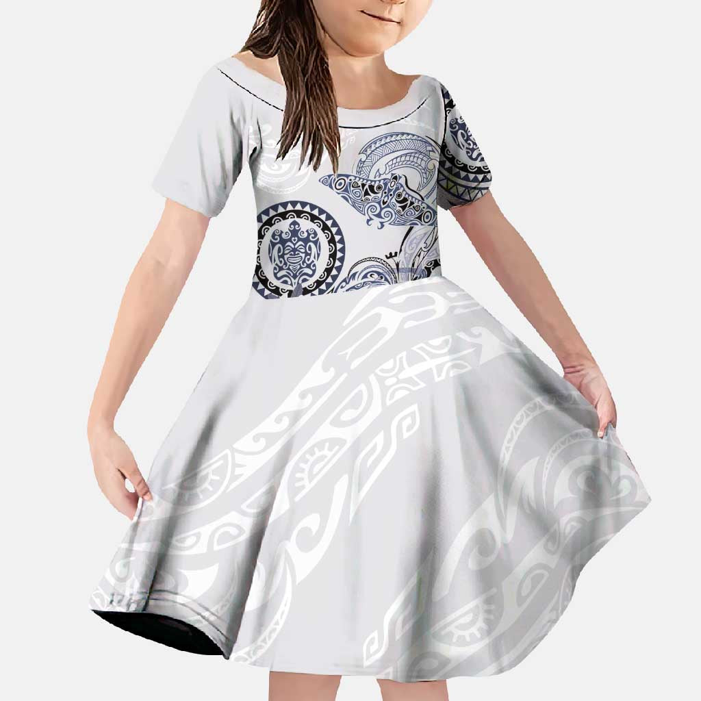 Polynesian Manta Ray Family Matching Long Sleeve Bodycon Dress and Hawaiian Shirt Blue Floral Turtle Tattoo LT9 Daughter's Dress Blue - Polynesian Pride