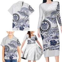 Polynesian Manta Ray Family Matching Long Sleeve Bodycon Dress and Hawaiian Shirt Blue Floral Turtle Tattoo LT9 - Polynesian Pride