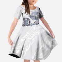 Polynesian Manta Ray Family Matching Off The Shoulder Long Sleeve Dress and Hawaiian Shirt Blue Floral Turtle Tattoo LT9 Daughter's Dress Blue - Polynesian Pride