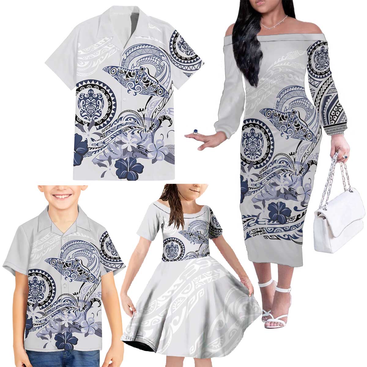 Polynesian Manta Ray Family Matching Off The Shoulder Long Sleeve Dress and Hawaiian Shirt Blue Floral Turtle Tattoo LT9 - Polynesian Pride