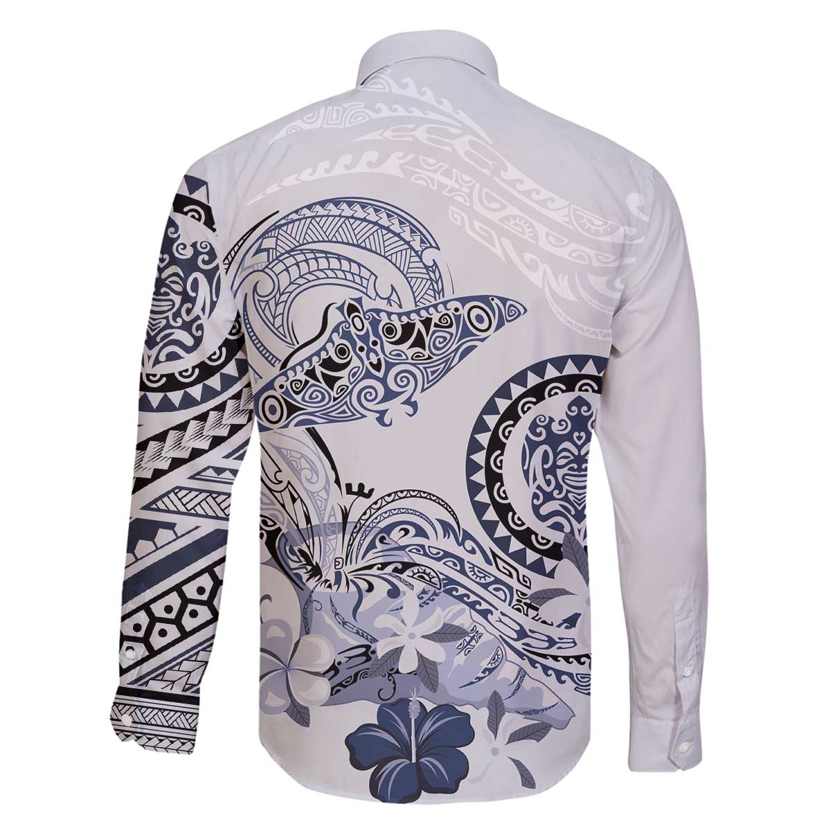 Polynesian Manta Ray Family Matching Off The Shoulder Long Sleeve Dress and Hawaiian Shirt Blue Floral Turtle Tattoo LT9 - Polynesian Pride