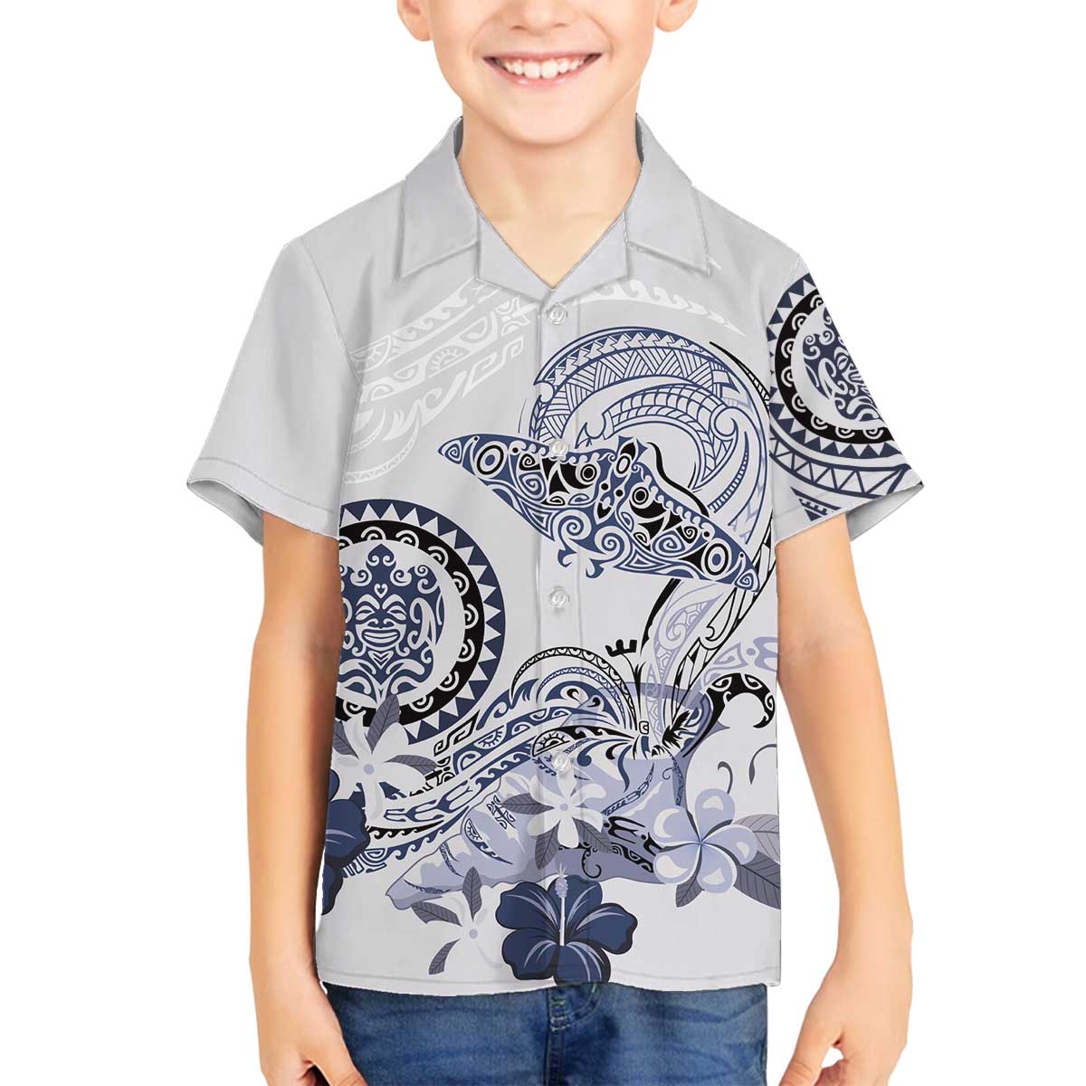 Polynesian Manta Ray Family Matching Off The Shoulder Long Sleeve Dress and Hawaiian Shirt Blue Floral Turtle Tattoo LT9 Son's Shirt Blue - Polynesian Pride