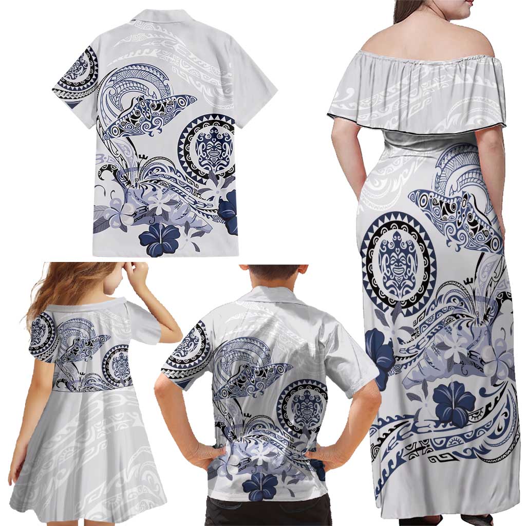 Polynesian Manta Ray Family Matching Off Shoulder Maxi Dress and Hawaiian Shirt Blue Floral Turtle Tattoo LT9 - Polynesian Pride