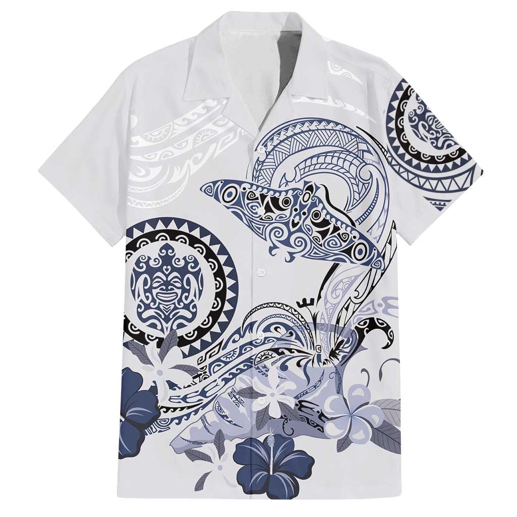 Polynesian Manta Ray Family Matching Off Shoulder Maxi Dress and Hawaiian Shirt Blue Floral Turtle Tattoo LT9 Dad's Shirt - Short Sleeve Blue - Polynesian Pride