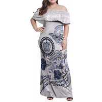 Polynesian Manta Ray Family Matching Off Shoulder Maxi Dress and Hawaiian Shirt Blue Floral Turtle Tattoo LT9 Mom's Dress Blue - Polynesian Pride