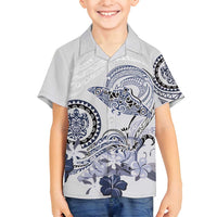 Polynesian Manta Ray Family Matching Off Shoulder Maxi Dress and Hawaiian Shirt Blue Floral Turtle Tattoo LT9 Son's Shirt Blue - Polynesian Pride