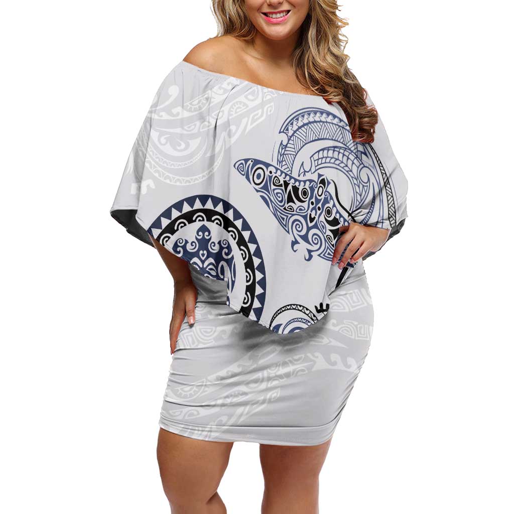 Polynesian Manta Ray Family Matching Off Shoulder Short Dress and Hawaiian Shirt Blue Floral Turtle Tattoo LT9 Mom's Dress Blue - Polynesian Pride