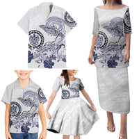 Polynesian Manta Ray Family Matching Puletasi and Hawaiian Shirt Blue Floral Turtle Tattoo LT9 - Polynesian Pride