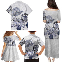 Polynesian Manta Ray Family Matching Puletasi and Hawaiian Shirt Blue Floral Turtle Tattoo LT9 - Polynesian Pride