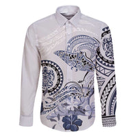 Polynesian Manta Ray Family Matching Puletasi and Hawaiian Shirt Blue Floral Turtle Tattoo LT9 Dad's Shirt - Long Sleeve Blue - Polynesian Pride