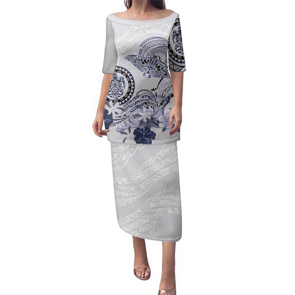 Polynesian Manta Ray Family Matching Puletasi and Hawaiian Shirt Blue Floral Turtle Tattoo LT9 Mom's Dress Blue - Polynesian Pride