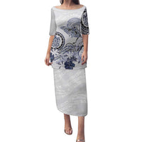 Polynesian Manta Ray Family Matching Puletasi and Hawaiian Shirt Blue Floral Turtle Tattoo LT9 Mom's Dress Blue - Polynesian Pride