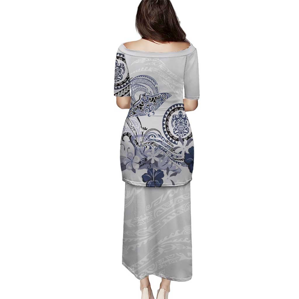 Polynesian Manta Ray Family Matching Puletasi and Hawaiian Shirt Blue Floral Turtle Tattoo LT9 - Polynesian Pride