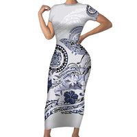 Polynesian Manta Ray Family Matching Short Sleeve Bodycon Dress and Hawaiian Shirt Blue Floral Turtle Tattoo LT9 Mom's Dress Blue - Polynesian Pride