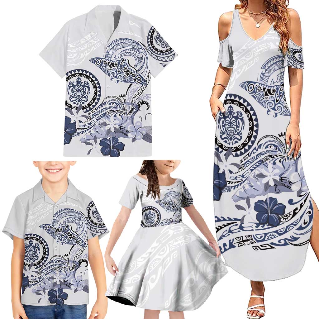 Polynesian Manta Ray Family Matching Summer Maxi Dress and Hawaiian Shirt Blue Floral Turtle Tattoo LT9 - Polynesian Pride