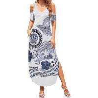 Polynesian Manta Ray Family Matching Summer Maxi Dress and Hawaiian Shirt Blue Floral Turtle Tattoo LT9 Mom's Dress Blue - Polynesian Pride