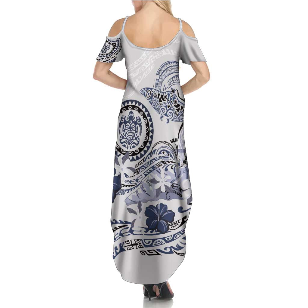 Polynesian Manta Ray Family Matching Summer Maxi Dress and Hawaiian Shirt Blue Floral Turtle Tattoo LT9 - Polynesian Pride