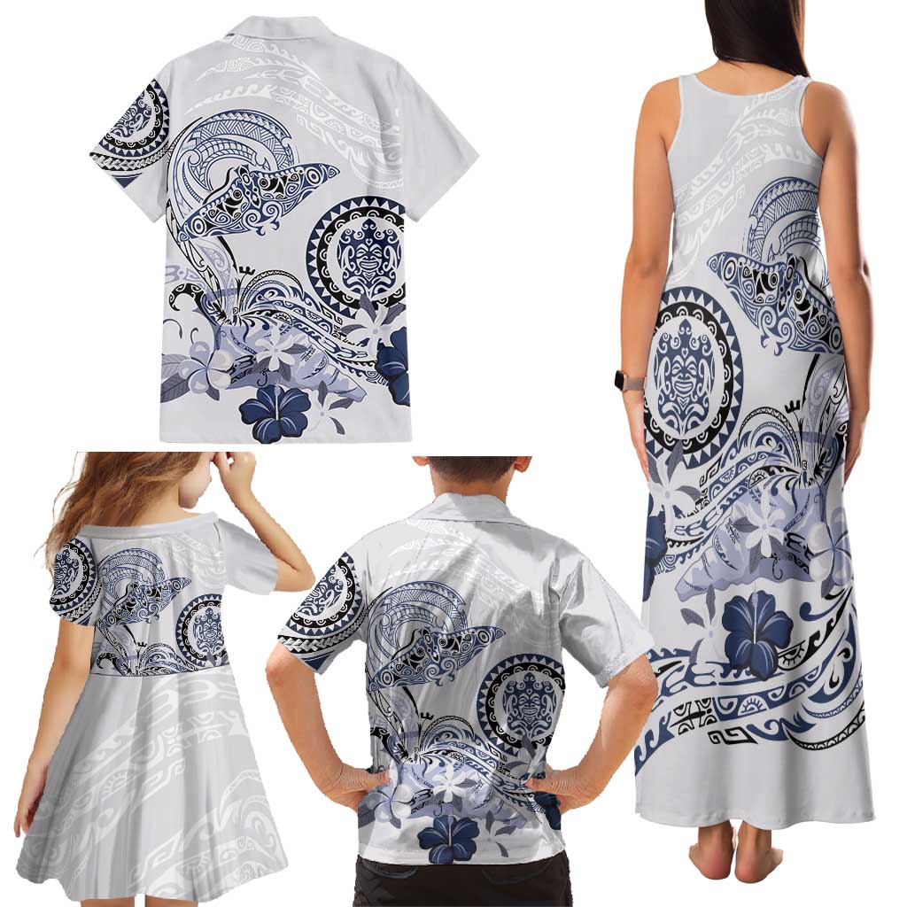 Polynesian Manta Ray Family Matching Tank Maxi Dress and Hawaiian Shirt Blue Floral Turtle Tattoo LT9 - Polynesian Pride