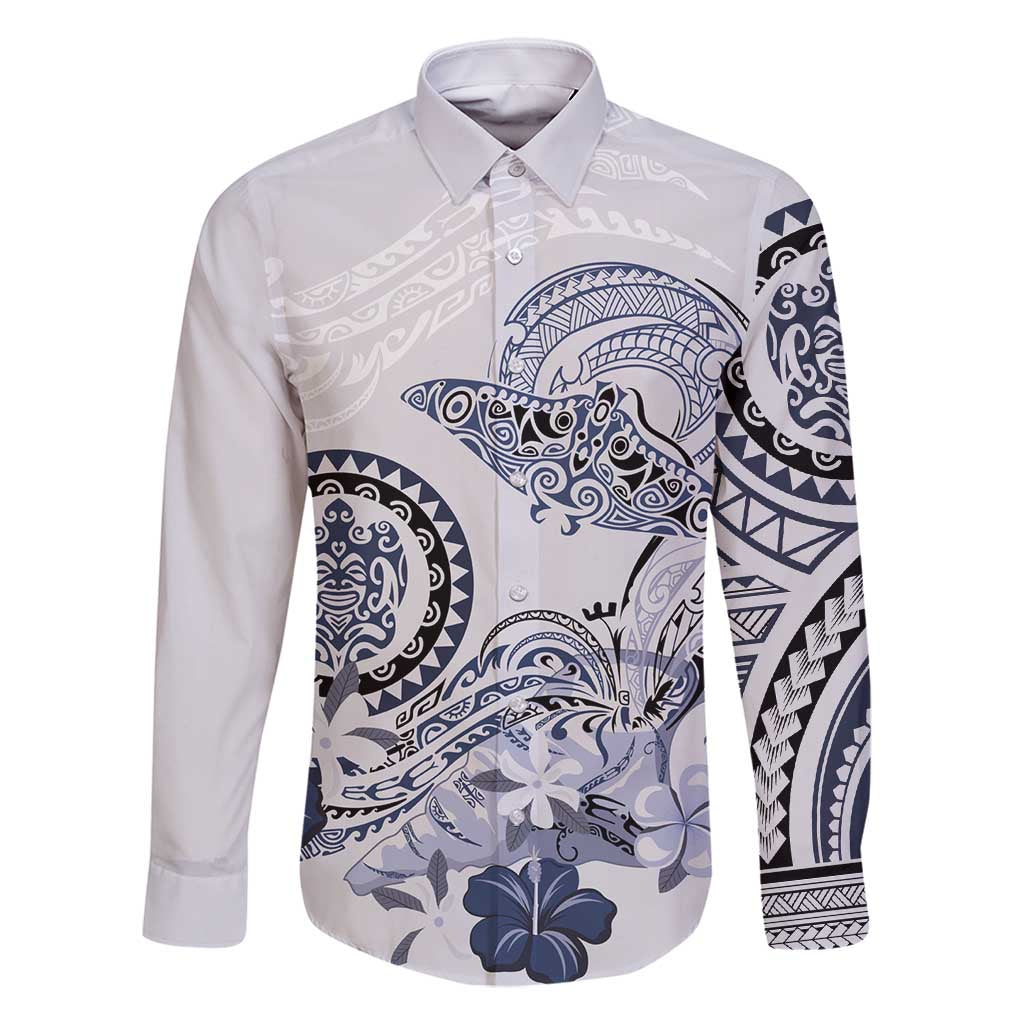 Polynesian Manta Ray Family Matching Tank Maxi Dress and Hawaiian Shirt Blue Floral Turtle Tattoo LT9 Dad's Shirt - Long Sleeve Blue - Polynesian Pride