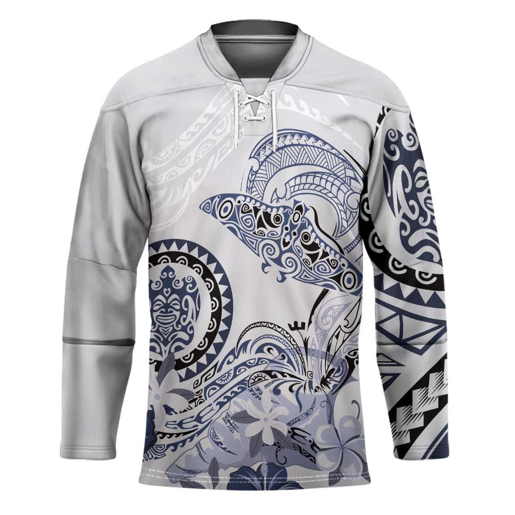 Polynesian Manta Ray Hockey Jersey Blue Floral Turtle Tattoo - Polynesian Pride