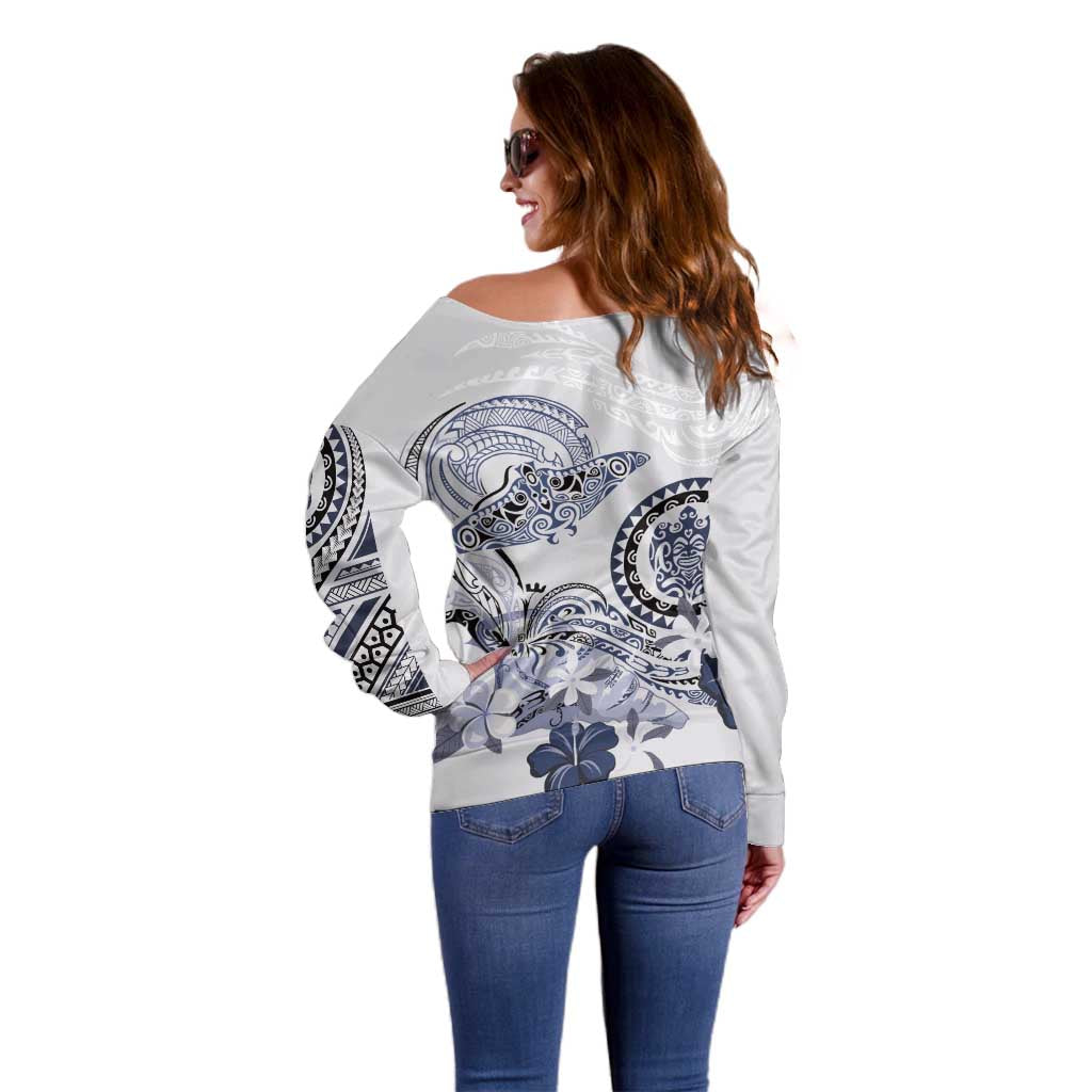 Polynesian Manta Ray Off Shoulder Sweater Blue Floral Turtle Tattoo - Polynesian Pride