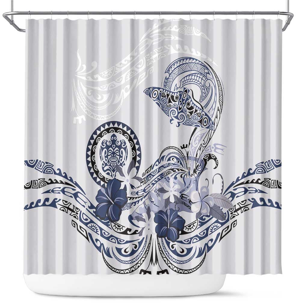 Polynesian Manta Ray Shower Curtain Blue Floral Turtle Tattoo - Polynesian Pride