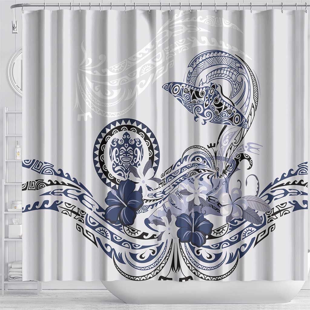 Polynesian Manta Ray Shower Curtain Blue Floral Turtle Tattoo - Polynesian Pride