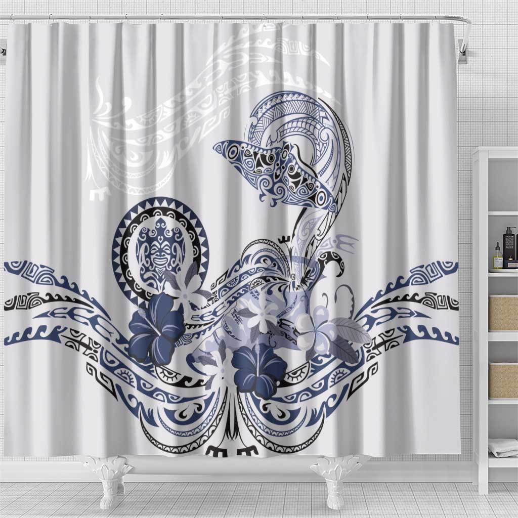 Polynesian Manta Ray Shower Curtain Blue Floral Turtle Tattoo - Polynesian Pride
