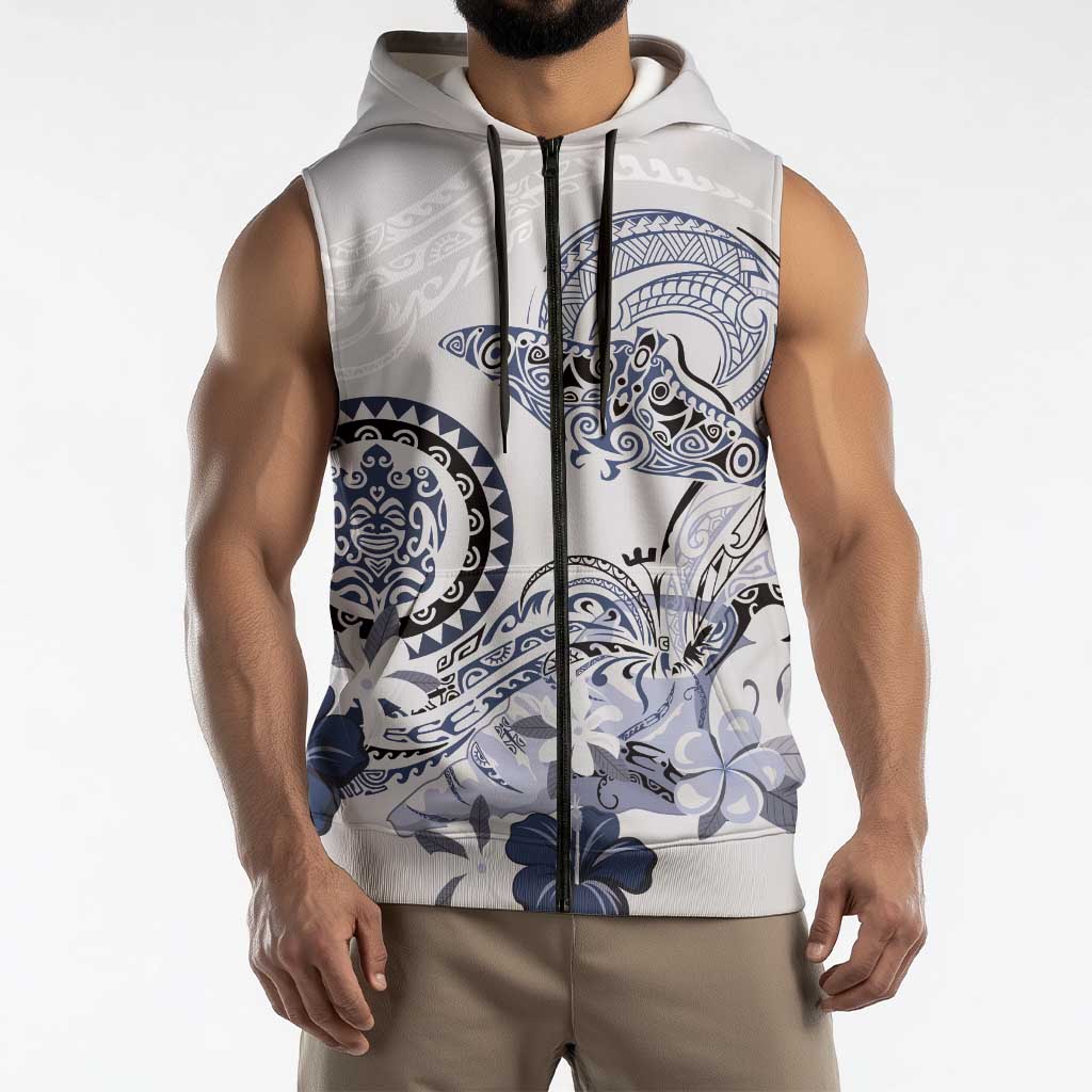 Polynesian Manta Ray Sleeveless Zip Hoodie Blue Floral Turtle Tattoo - Polynesian Pride