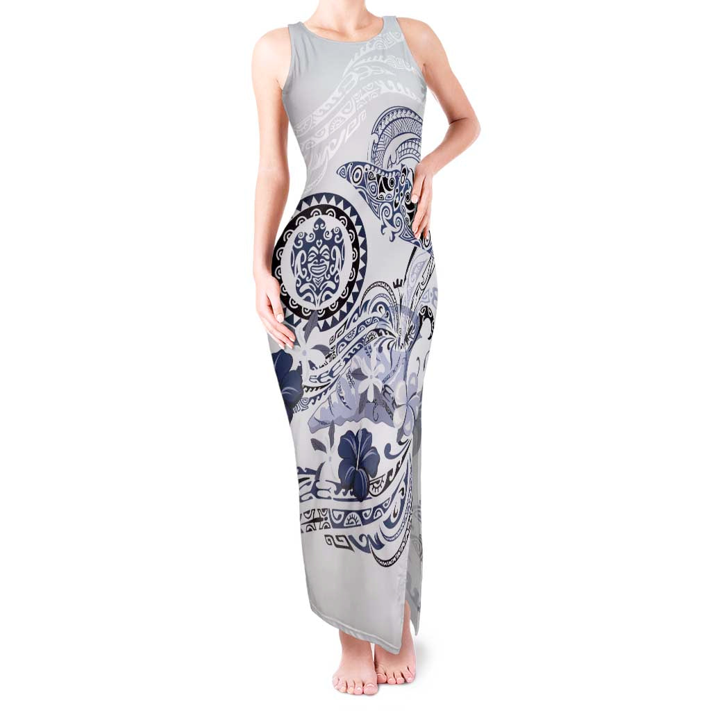 Polynesian Manta Ray Tank Maxi Dress Blue Floral Turtle Tattoo - Polynesian Pride