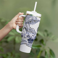 Polynesian Manta Ray Tumbler With Handle Blue Floral Turtle Tattoo - Polynesian Pride
