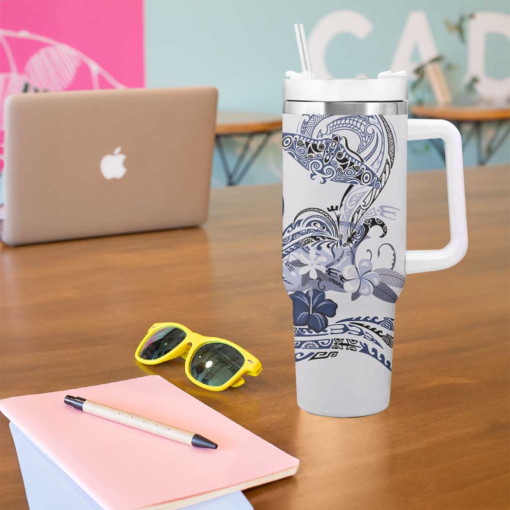 Polynesian Manta Ray Tumbler With Handle Blue Floral Turtle Tattoo - Polynesian Pride