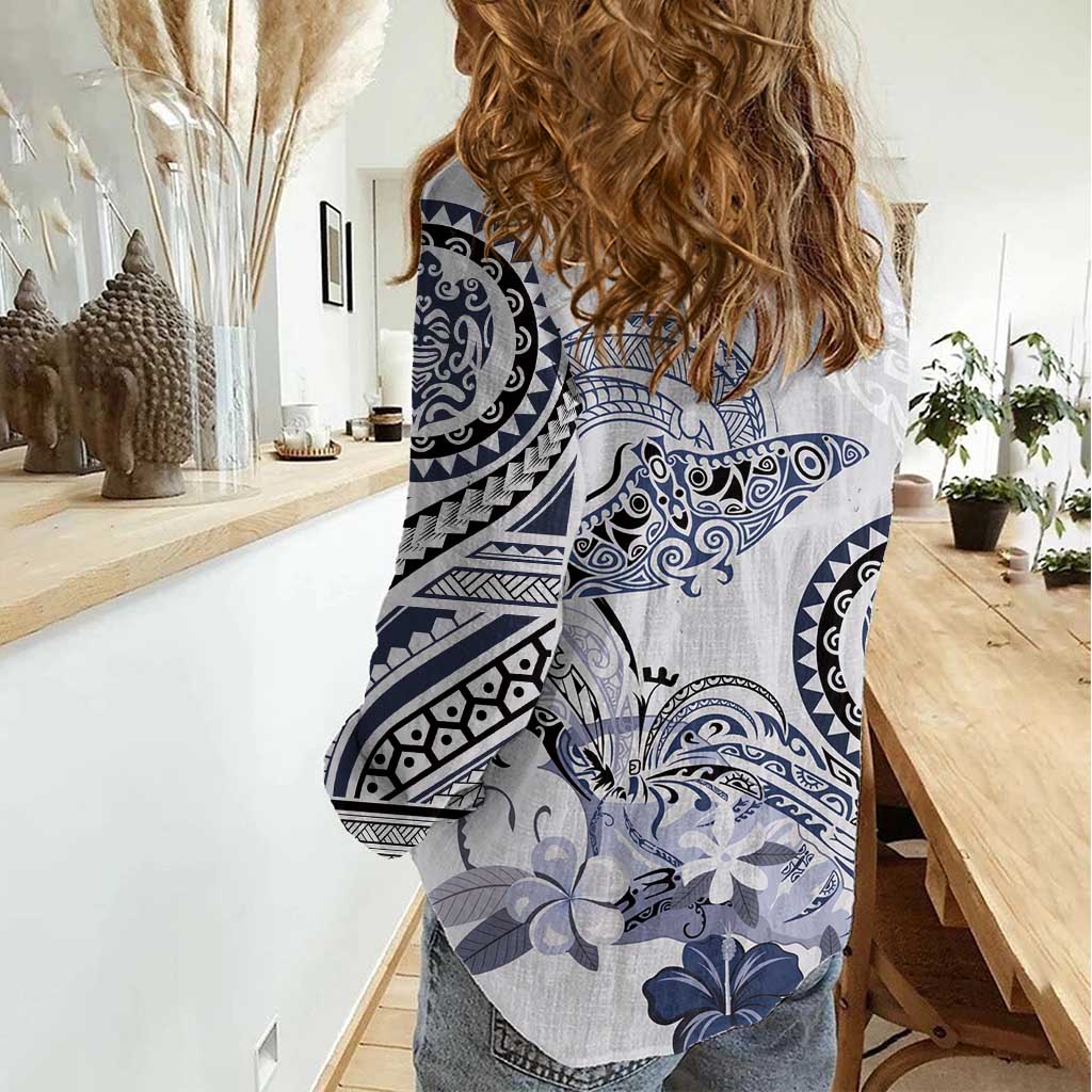 Polynesian Manta Ray Women Casual Shirt Blue Floral Turtle Tattoo - Polynesian Pride