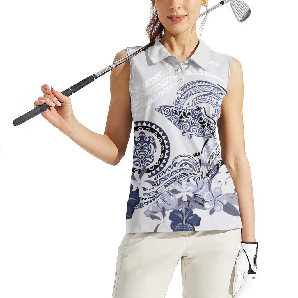 Polynesian Manta Ray Women Sleeveless Polo Shirt Blue Floral Turtle Tattoo - Polynesian Pride
