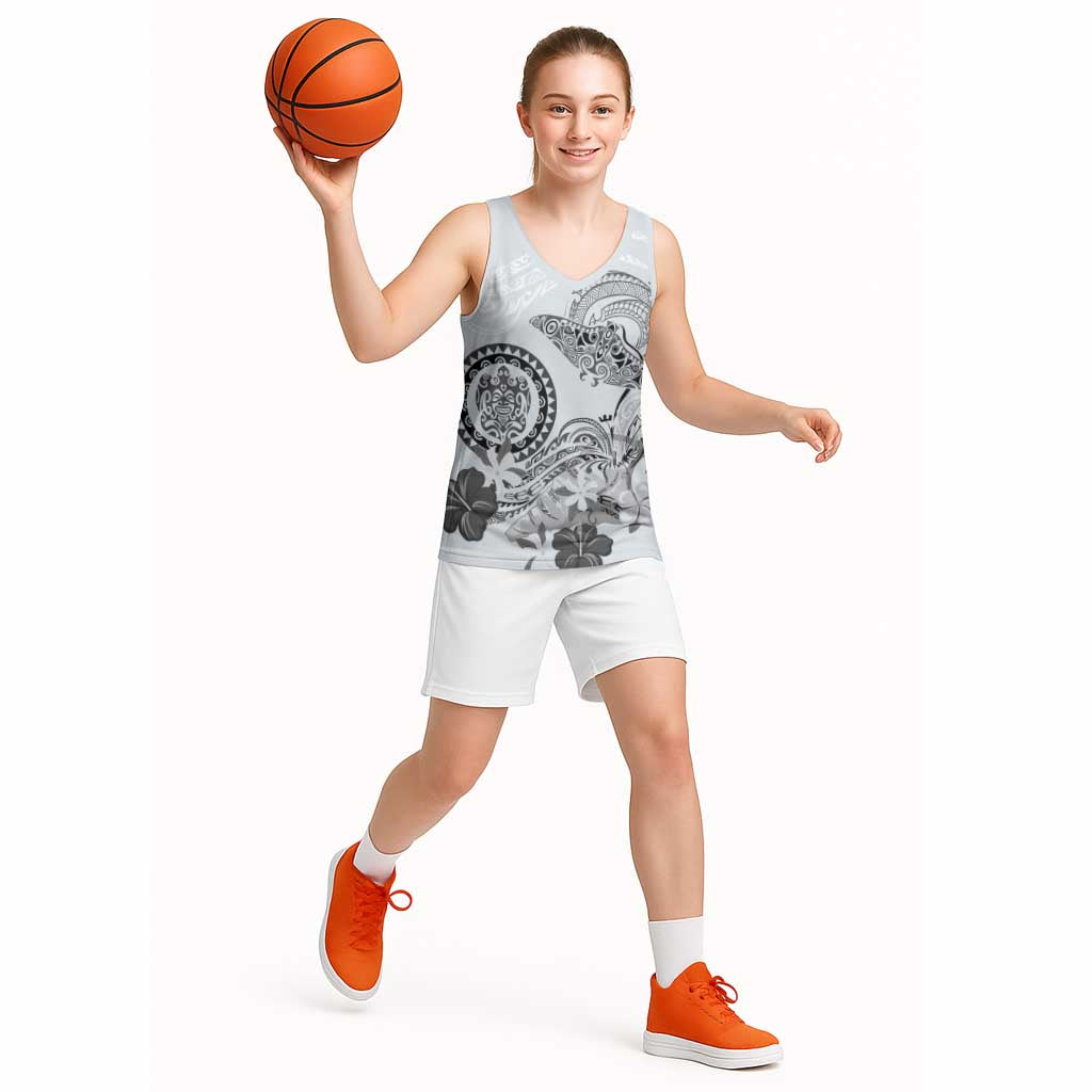 Polynesian Manta Ray Basketball Jersey Gray Floral Turtle Tattoo - Polynesian Pride
