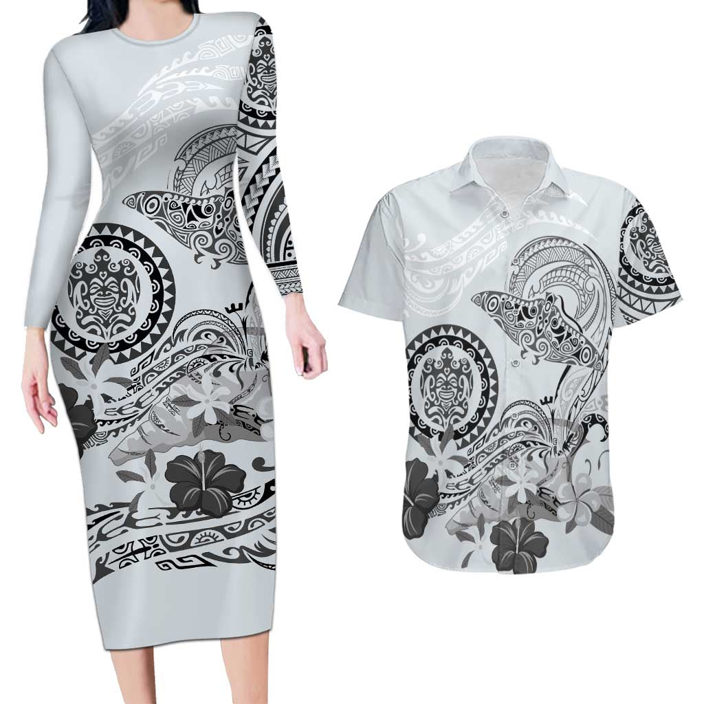 Polynesian Manta Ray Couples Matching Long Sleeve Bodycon Dress and Hawaiian Shirt Gray Floral Turtle Tattoo LT9 Gray - Polynesian Pride
