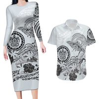 Polynesian Manta Ray Couples Matching Long Sleeve Bodycon Dress and Hawaiian Shirt Gray Floral Turtle Tattoo LT9 Gray - Polynesian Pride