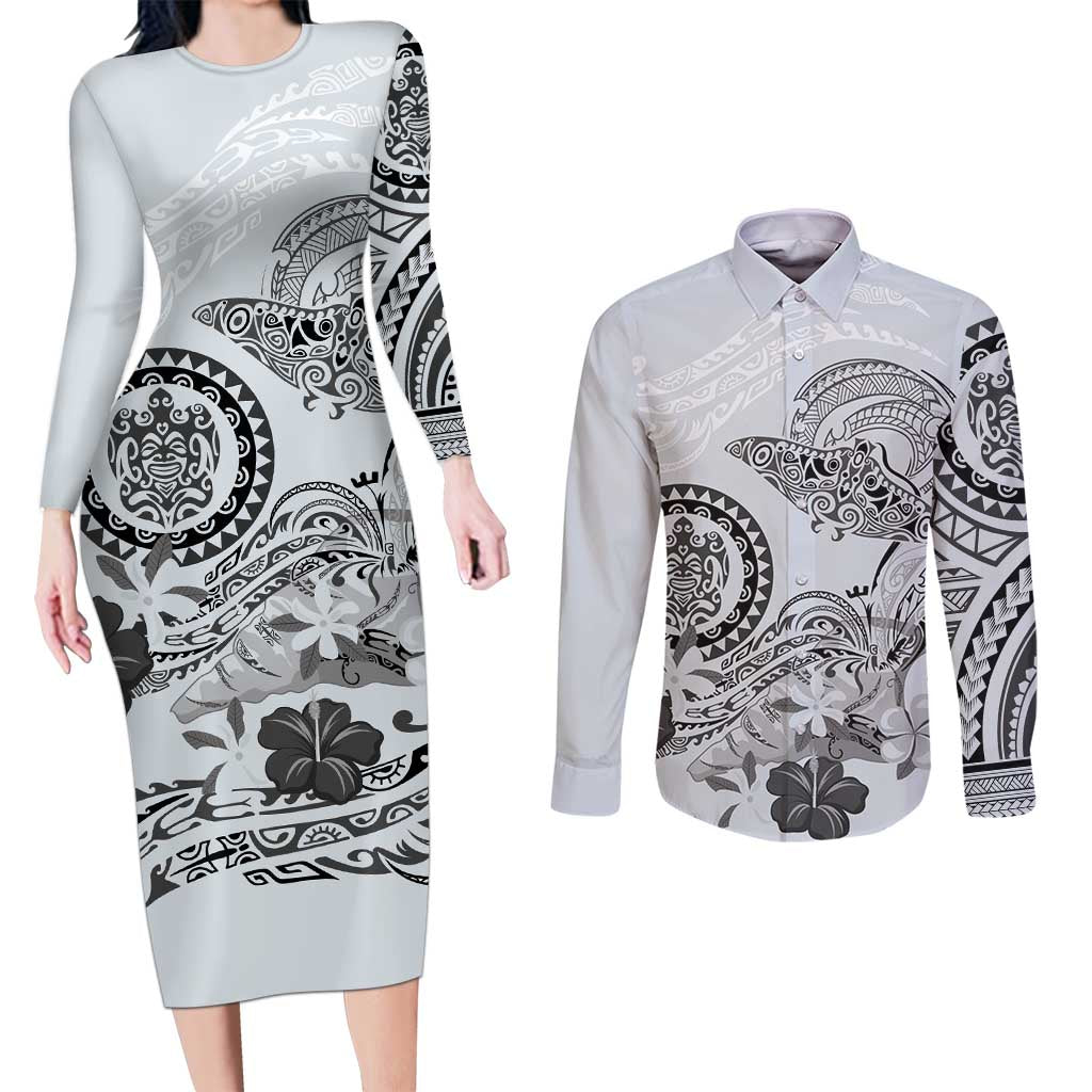 Polynesian Manta Ray Couples Matching Long Sleeve Bodycon Dress and Long Sleeve Button Shirt Gray Floral Turtle Tattoo LT9 Gray - Polynesian Pride